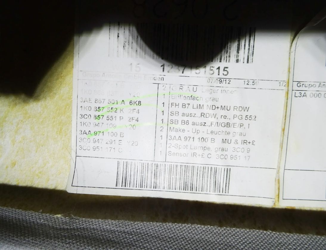 VOLKSWAGEN Passat B7 (2010-2015) Обивка потолка 3AE867501J,3AA971100B 17355069