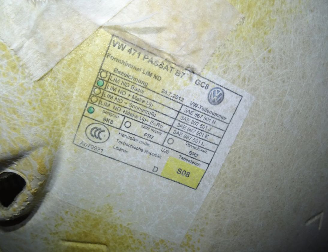 VOLKSWAGEN Passat B7 (2010-2015) Обивка потолка 3AE867501J,3AA971100B 17355069