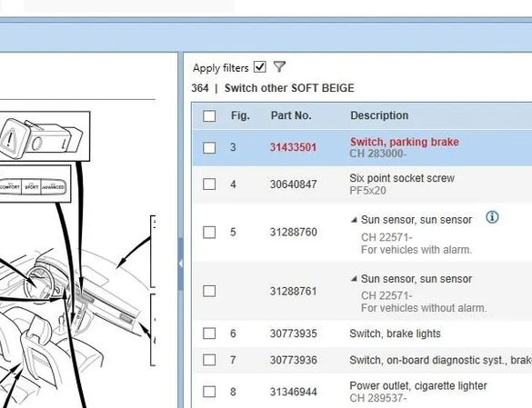 VOLVO V70 3 generation (2007-2020) Stāvbremzes poga 31433501,31343243 22585933