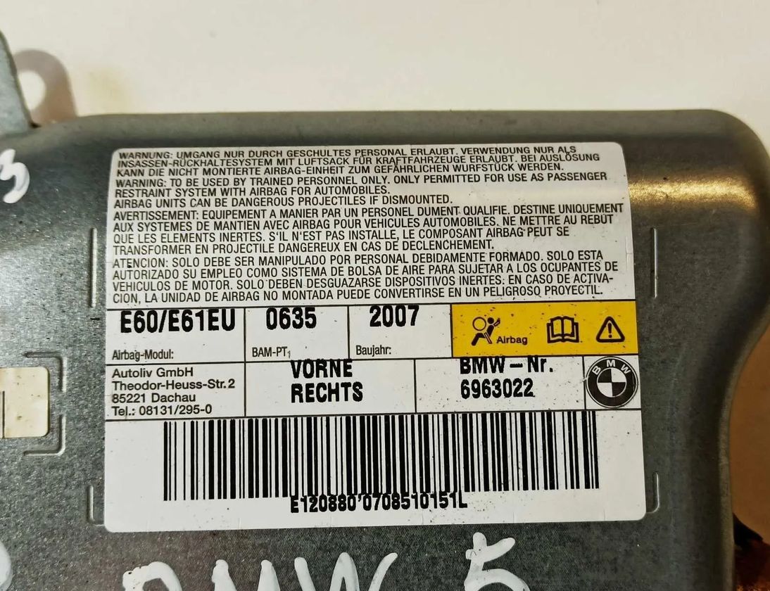 BMW 5 Series E60/E61 (2003-2010) Front Right Door Airbag SRS 6963022 30133156