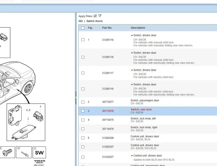 VOLVO XC60 1 generation (2008-2017) Aizmugurējo labo durvju loga pacelšanas slēdzis 30773978 15252244